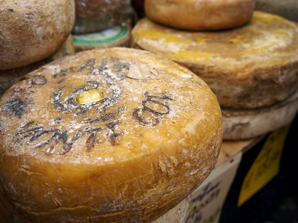 Pieces of Fontina cheese on the table