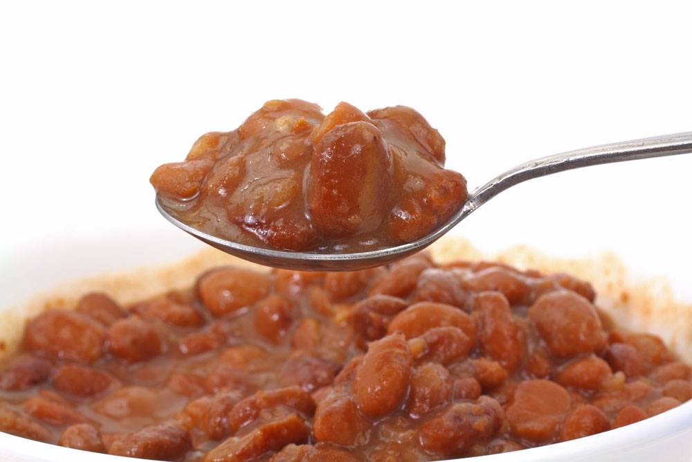 A bowl of Pinto Beans and a spoon of Pinto Beans