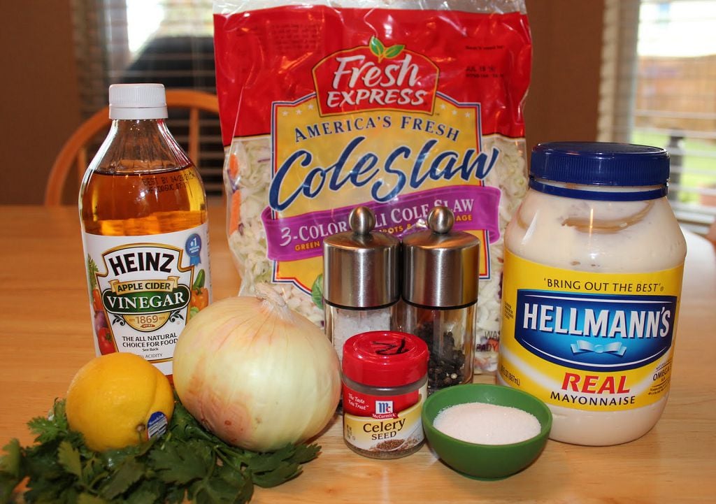 One large cabbage head, chopped, red bell pepper, sweet onion, carrot, mayonnaise, dry mustard, sugar