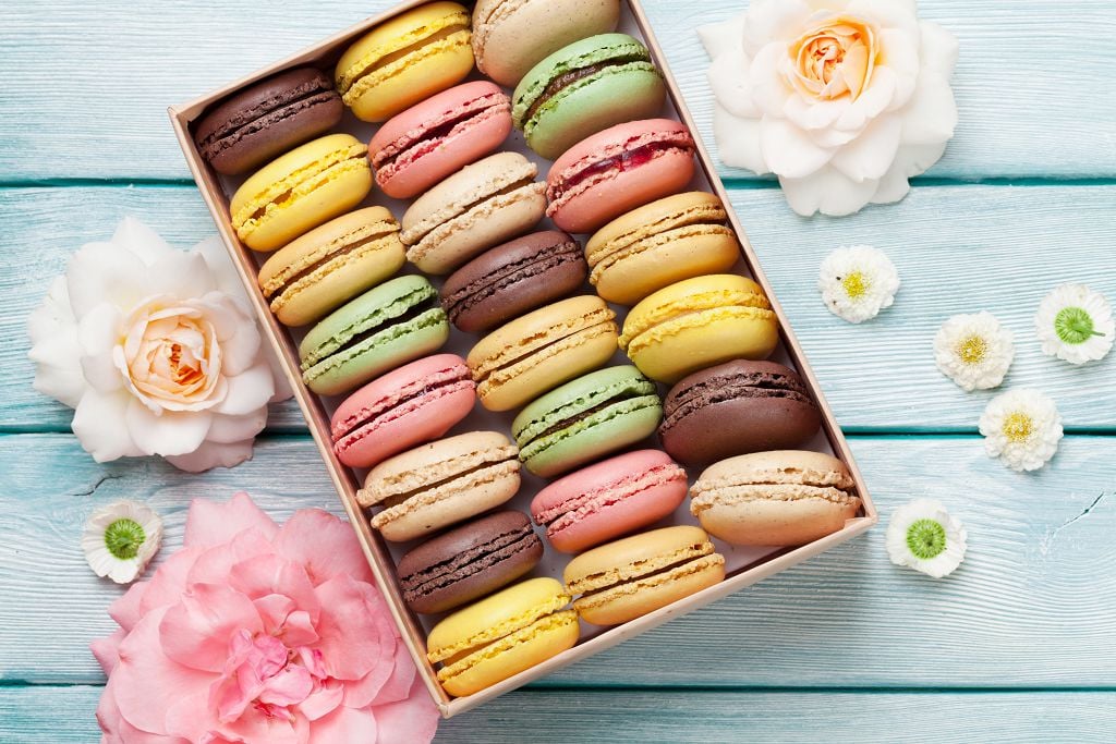 Colorful Macarons in the box and flower