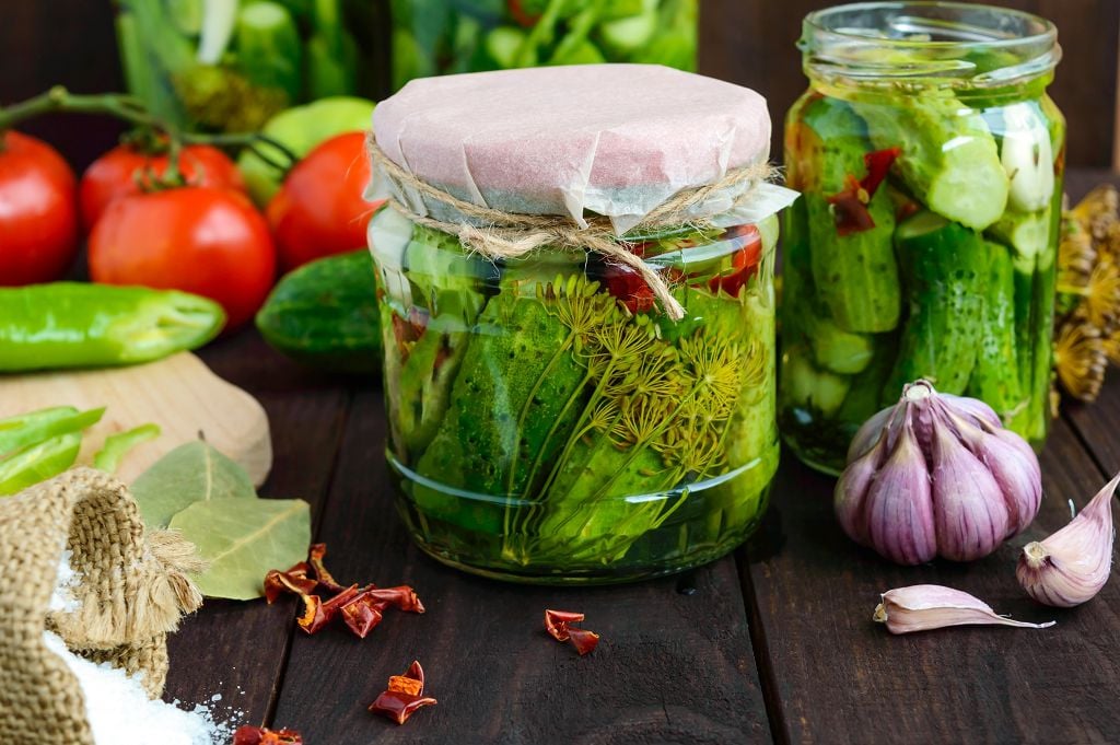 Jars of pickles and fruits