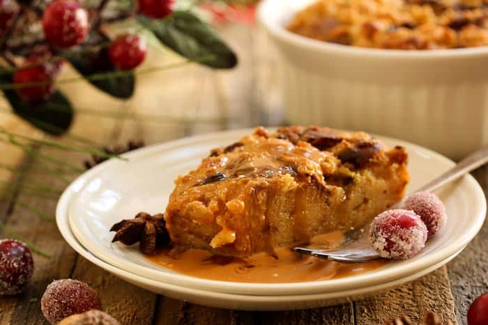 A plate of Vegan Bread Pudding and a fork