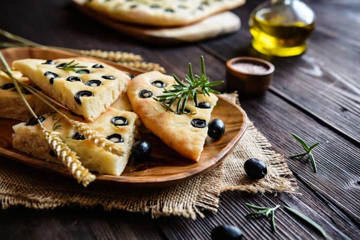 A plate of Focaccia Olive Flatbread on the table