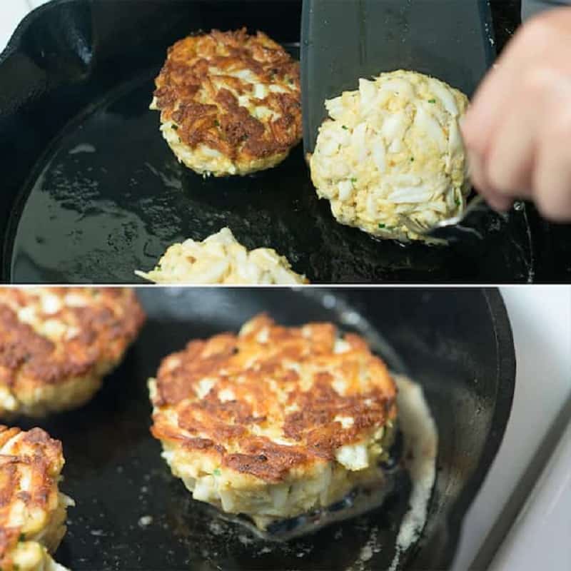 Sauteing crab cakes
